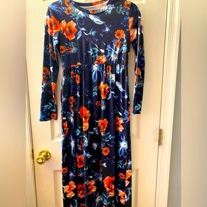 Long blue long sleeve dress with colorful flowers